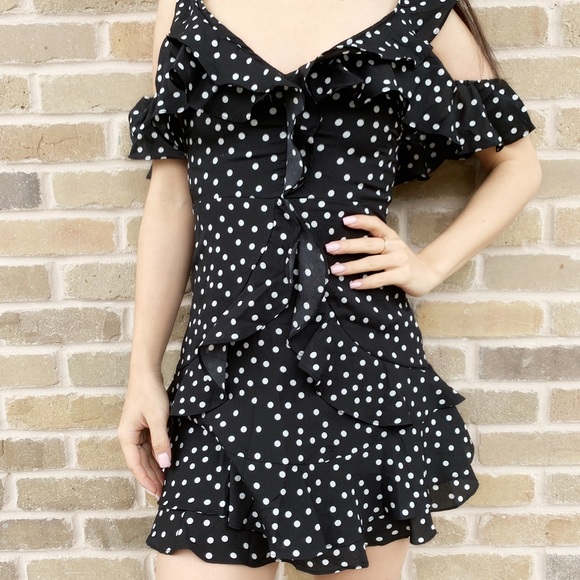 Black polka dot mini ruffle dress off shoulder XS - Picture 4 of 8